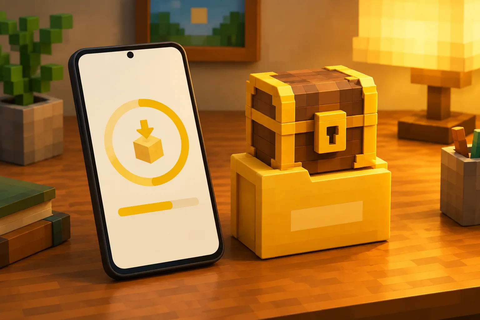 Vòng tiến trình cài Minecraft PE 1.19.83 trên điện thoại, rương khoá đặt trên thư mục world đã sao lưu