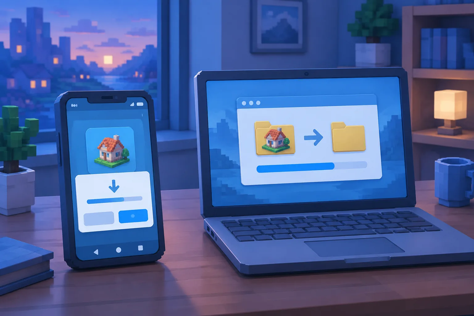 Điện thoại Android hiện hộp thoại cài Minecraft PE 1.20.40, cạnh laptop đang sao chép thư mục world