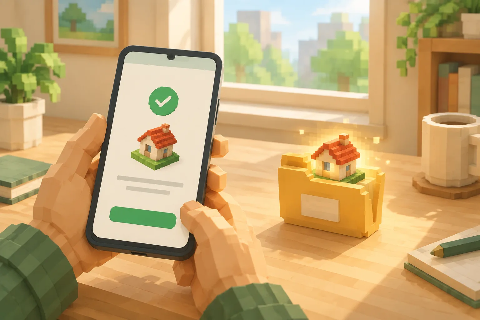 Bàn tay cầm điện thoại Android báo cài xong Minecraft PE 1.20.41, thư mục world sao lưu sáng lên trên bàn