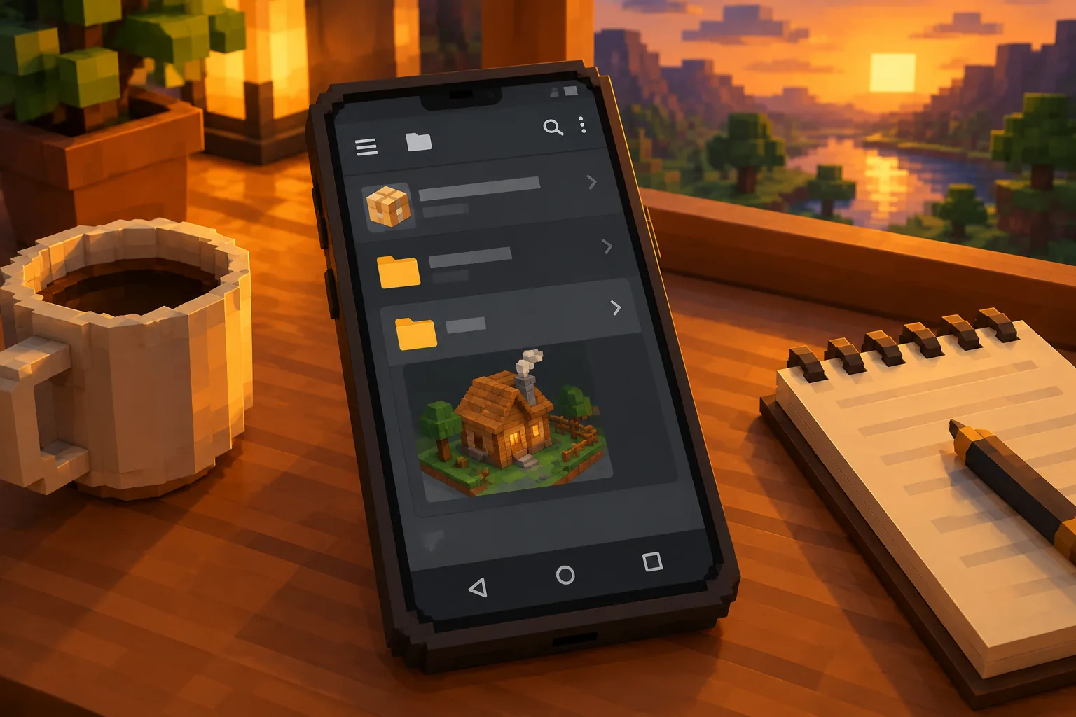 Trình quản lý file trên điện thoại Android với file APK Minecraft PE 1.20.80 và thư mục world được sao lưu