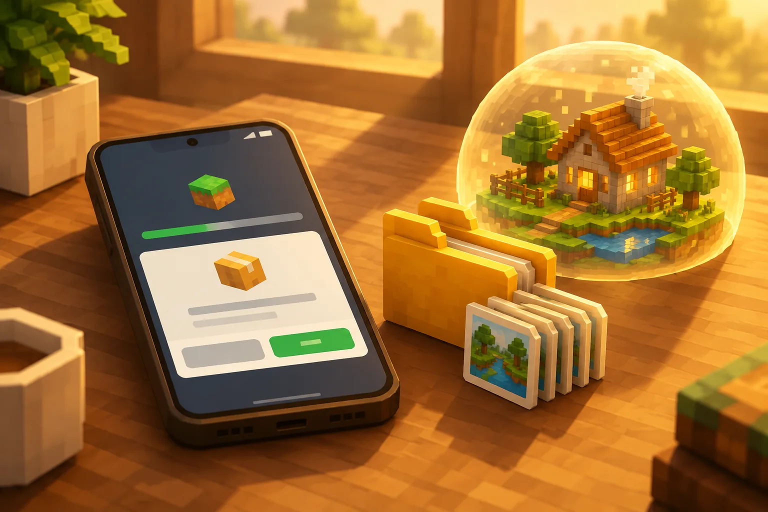 Hộp thoại cài Minecraft PE 1.21.0 cạnh thư mục world, ngôi nhà khối nằm trong bong bóng bảo vệ