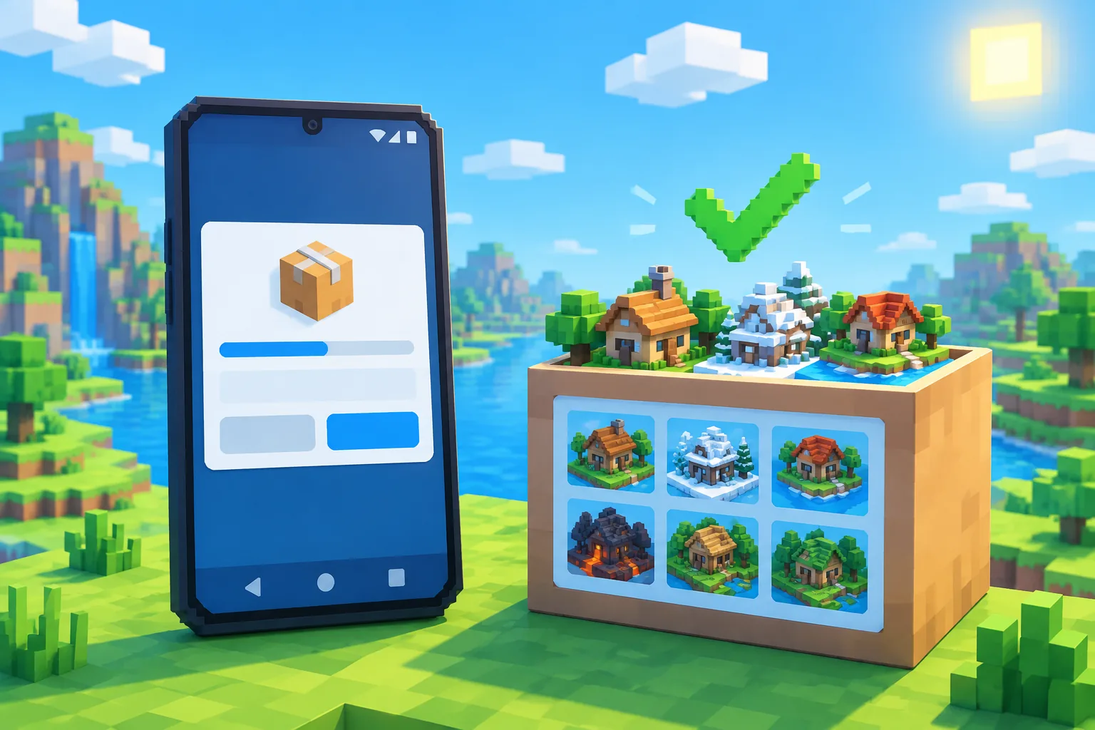 Hộp thoại cài Minecraft PE 1.21.1 cạnh hộp world đã sao lưu, có dấu tích xác nhận