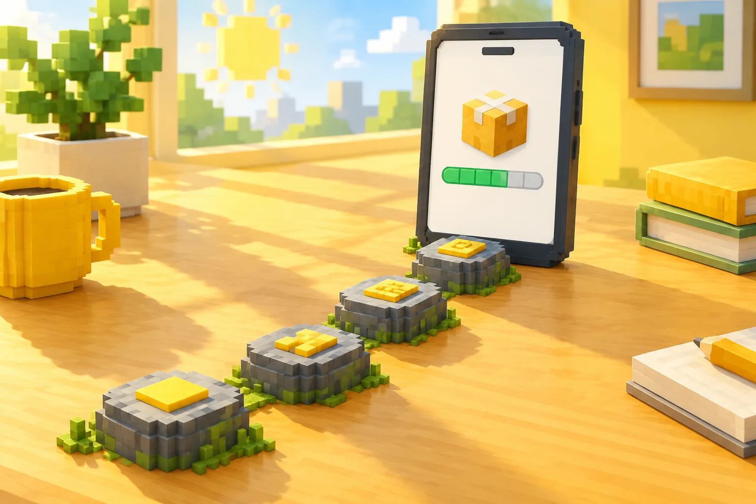 Thanh tiến trình cài file APK Minecraft PE 1.21.51 chia từng đoạn, cạnh lối đi bằng đá khối dẫn tới điện thoại