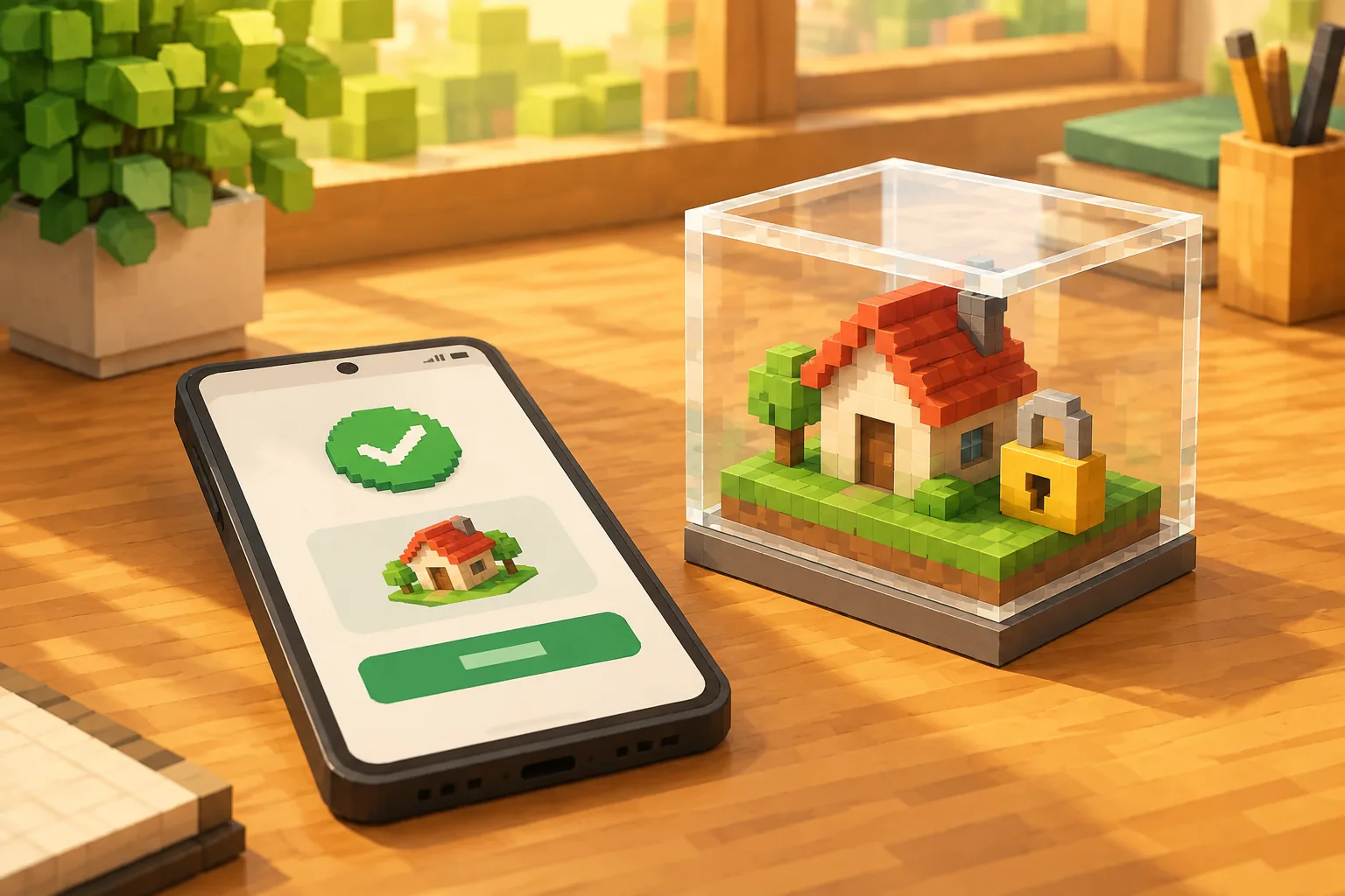 Điện thoại Android hiện màn hình xác nhận cài Minecraft PE 1.21.62, bên cạnh là ngôi nhà khối được bảo vệ trong hộp