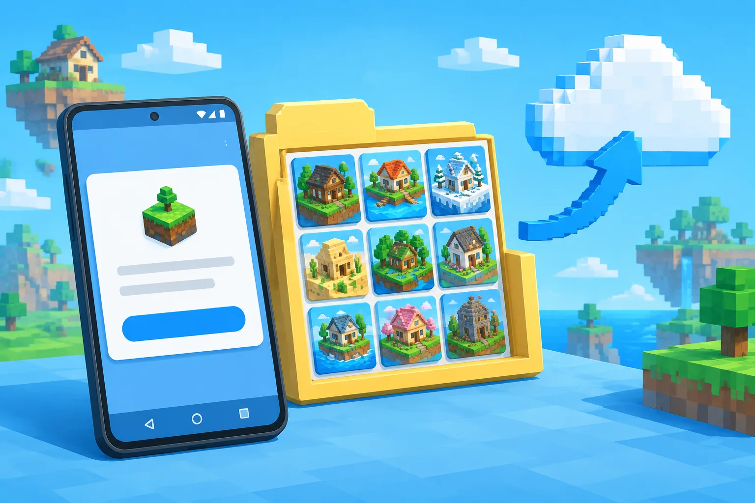 Hộp thoại cài file APK Minecraft PE 1.21.71 phía trước thư mục world, có mũi tên sao lưu lên đám mây