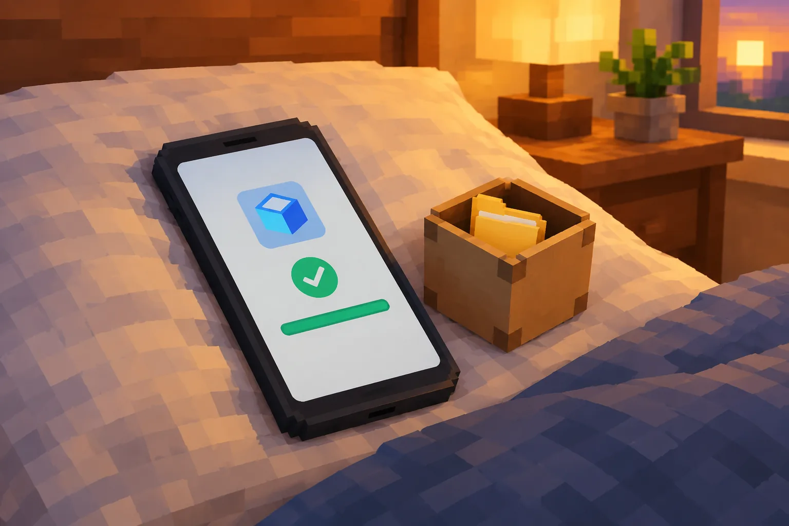 Điện thoại Android báo cài xong file APK Minecraft PE 1.21.81, bên cạnh là thư mục world đã sao lưu