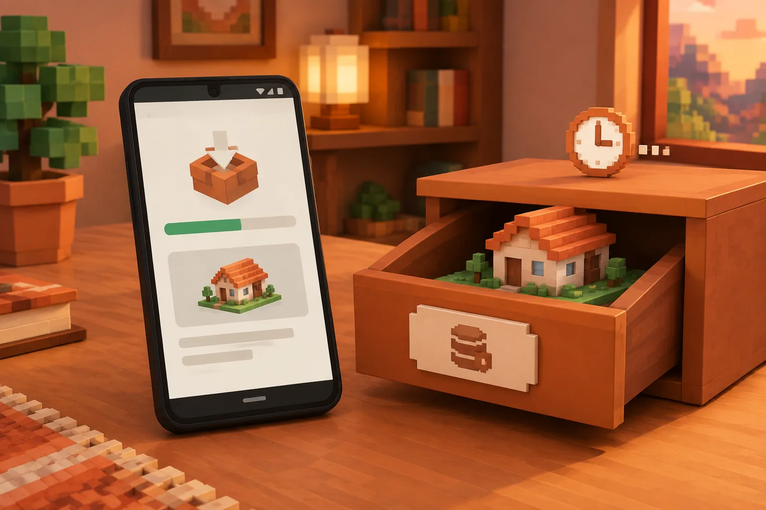 Hộp thoại cài APK Minecraft PE cạnh ngăn sao lưu chứa ngôi nhà khối, giữ world cũ khi đổi bản