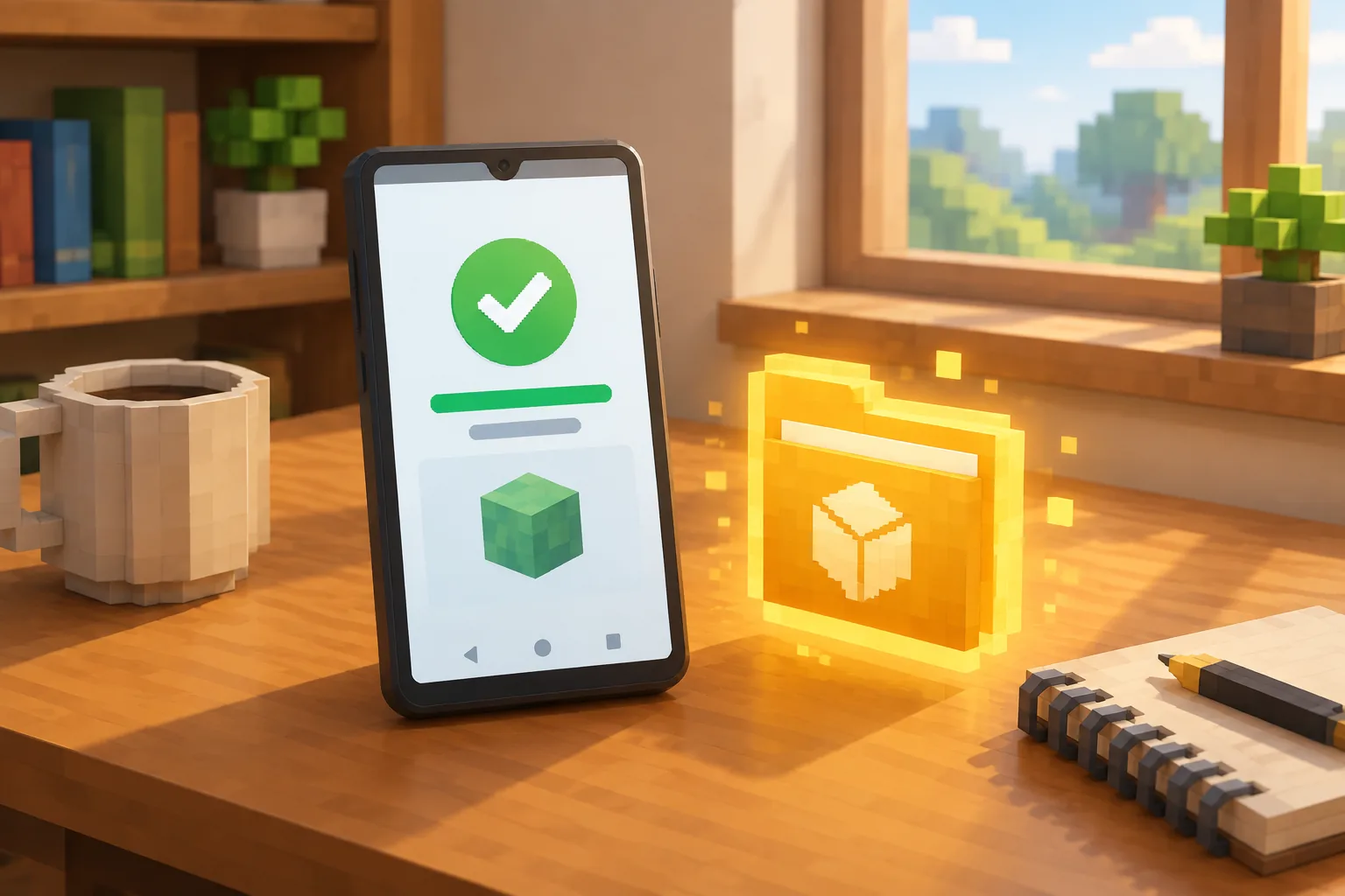 Điện thoại Android báo cài xong Minecraft PE 1.21.72, cạnh thư mục world đã sao lưu