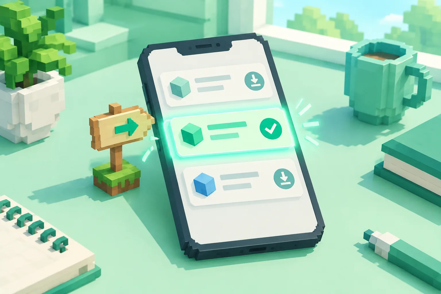 Ba thẻ tải trên điện thoại Android, thẻ ở giữa được đánh dấu tích và biển chỉ đường, để chọn bản thay cho 1.20.2