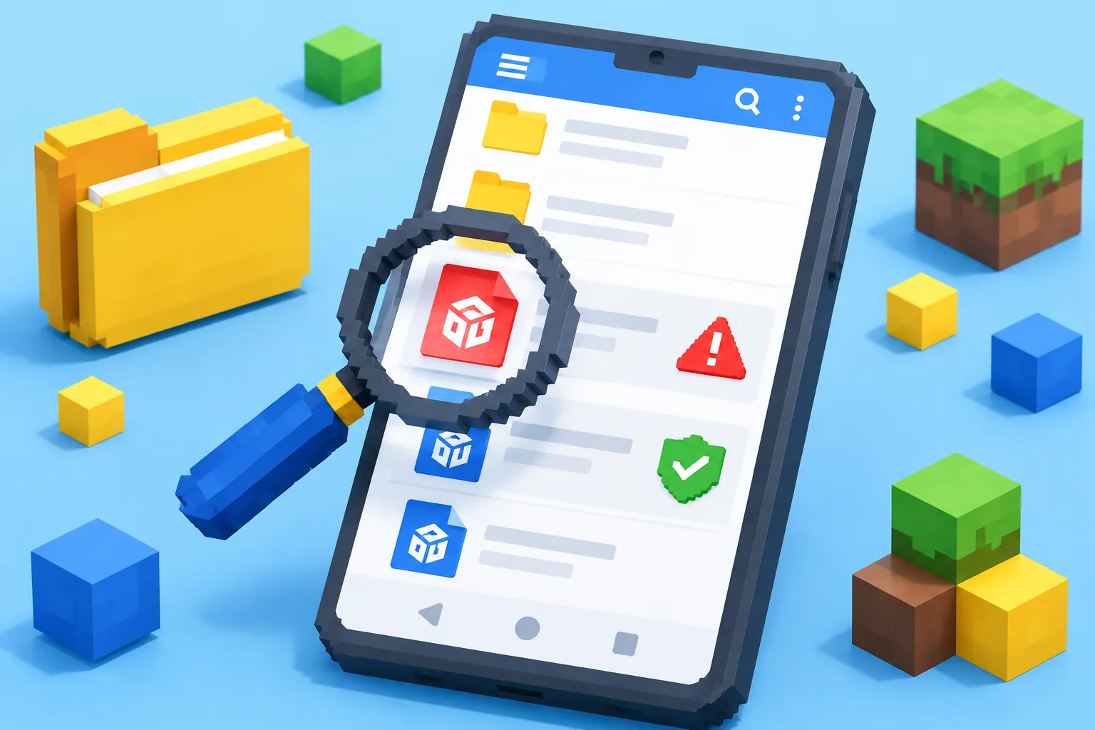 Kính lúp soi file APK trong trình quản lý file, phân biệt file an toàn với file giả hoặc gắn sai bản
