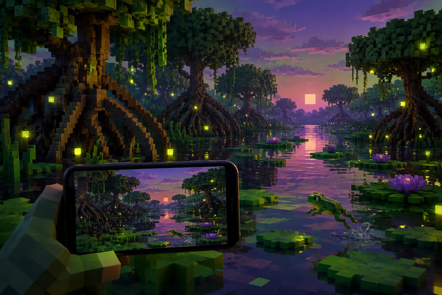 Đầm lầy về đêm có cây ngập mặn và đom đóm, minh hoạ mục The Wild Update trong Minecraft PE 1.19.0