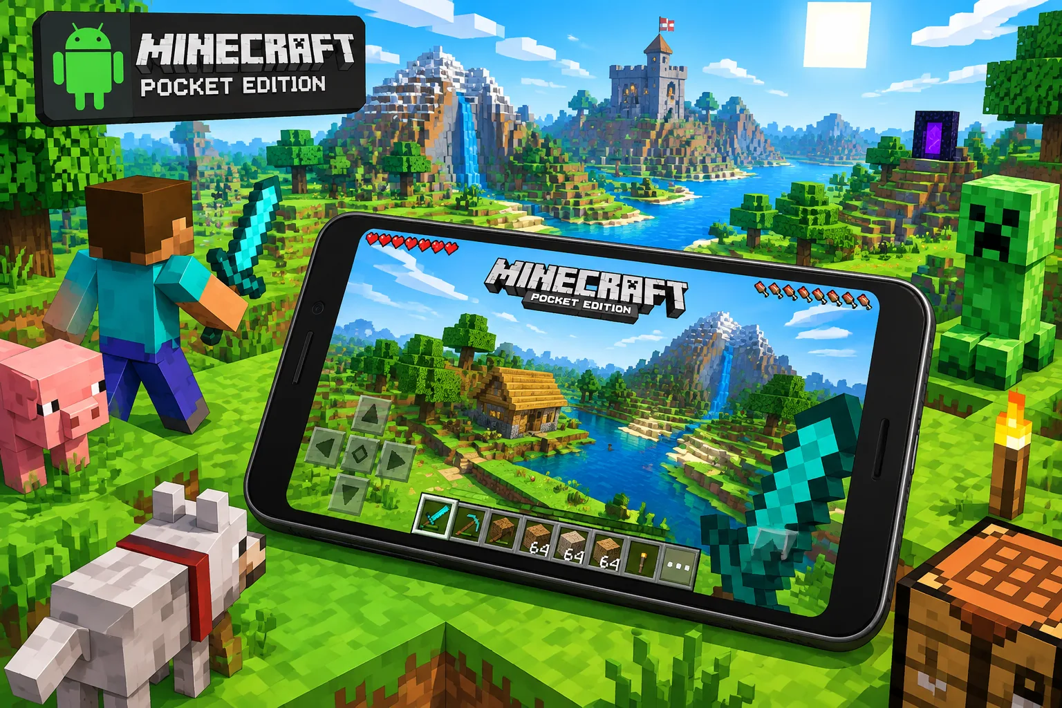 Minecraft PE 1.21.121 chạy trên điện thoại Android với thế giới đầy màu sắc