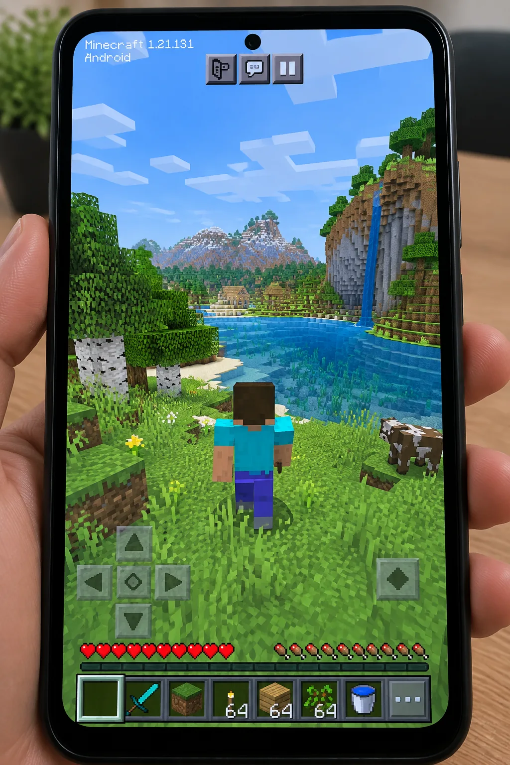 Màn hình chơi Minecraft PE 1.21.131 trên điện thoại Android với thế giới sáng tạo đầy màu sắc