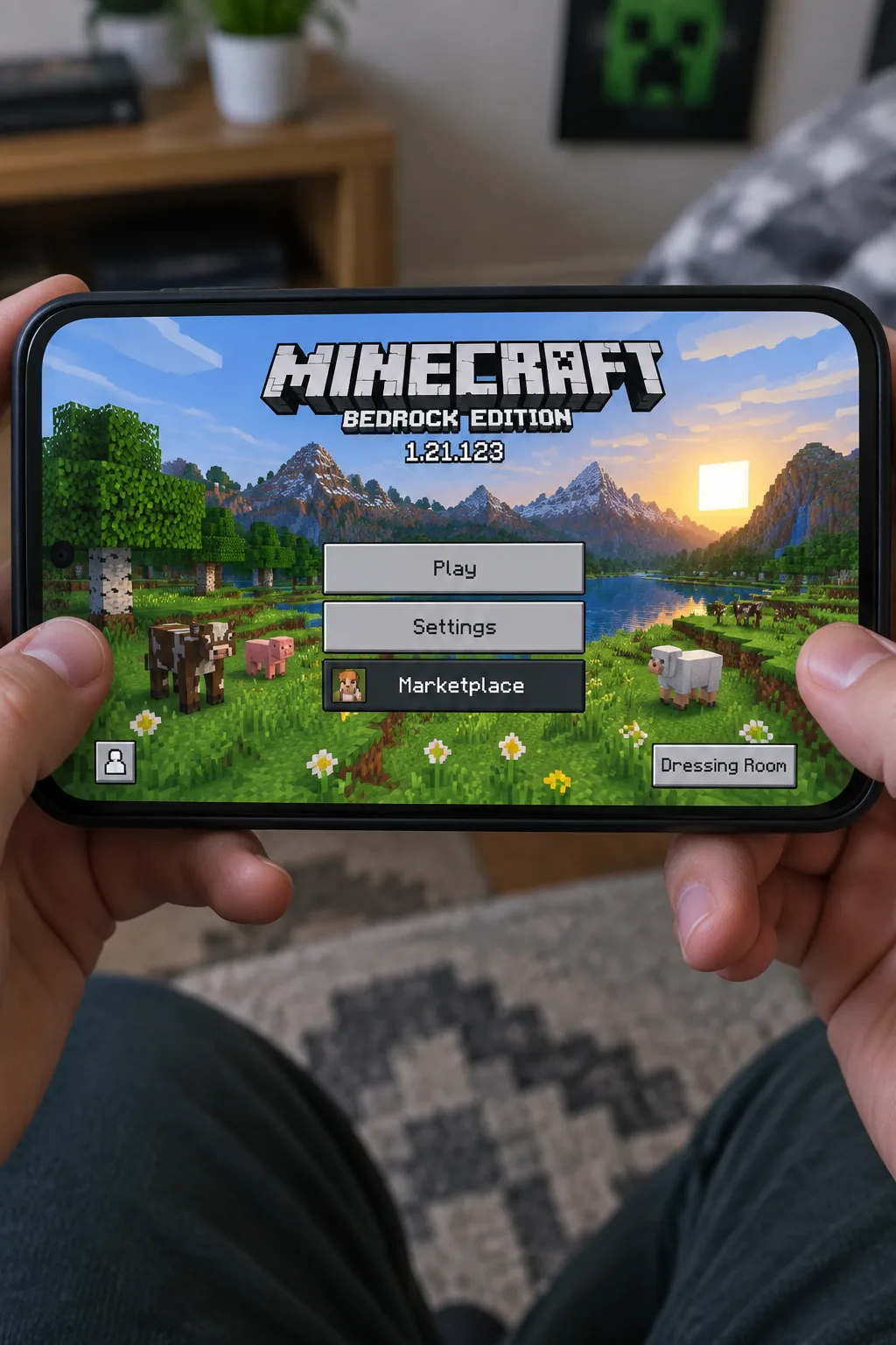 Điện thoại Android cầm trên tay chạy Minecraft PE phiên bản 1.21.123