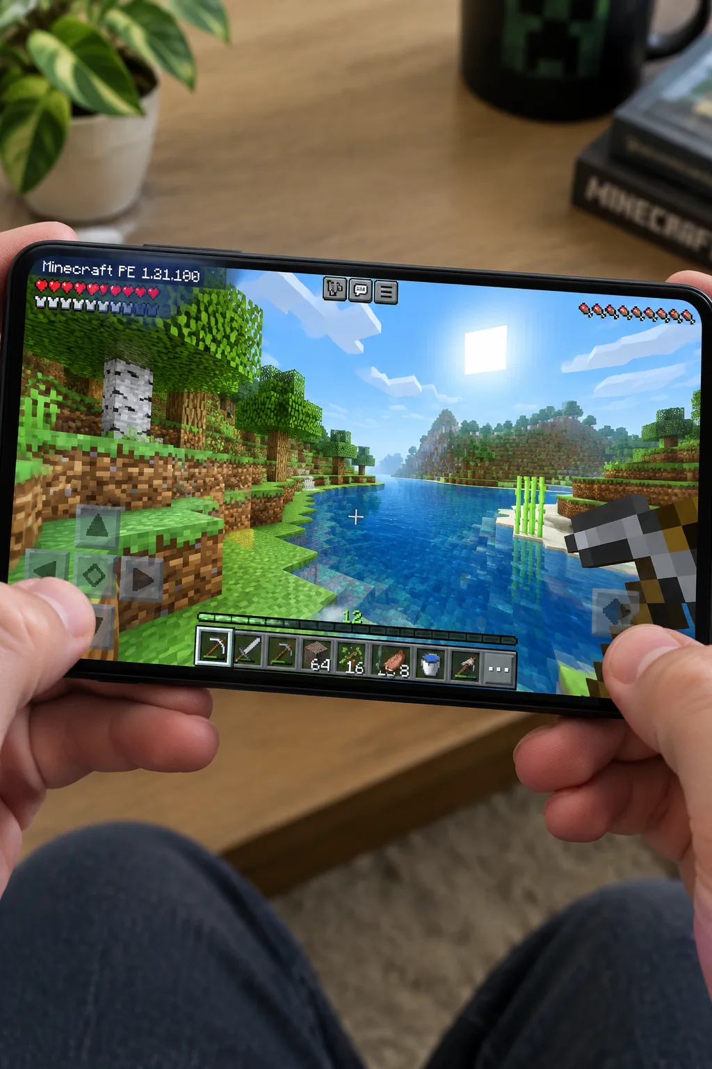Trải nghiệm chơi Minecraft PE 1.21.100 trên điện thoại Android với thế giới sandbox, khối đất, cây cối
