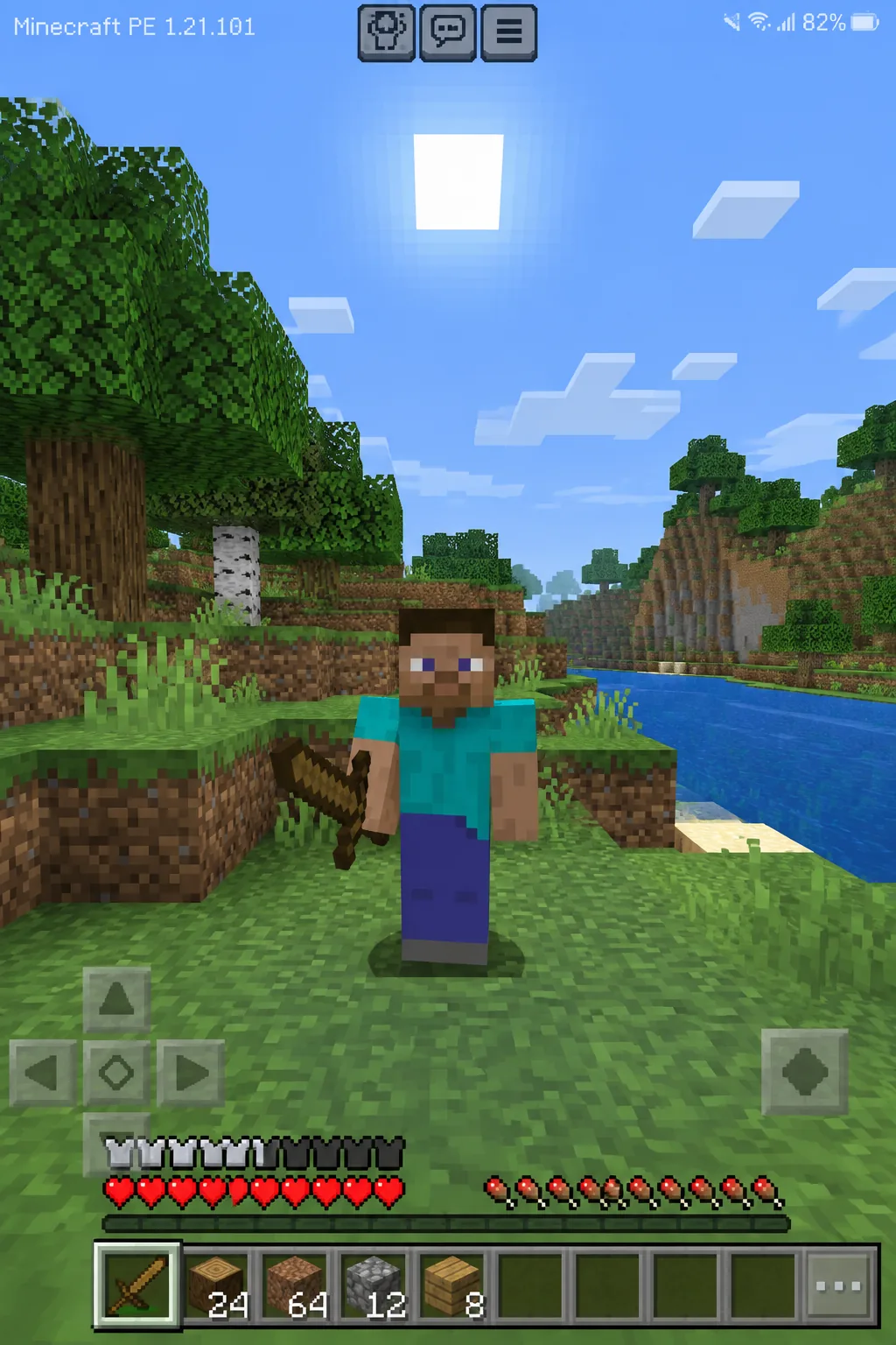 Giao diện trò chơi Minecraft PE 1.21.101 với nhân vật Steve trong thế giới sinh tồn trên điện thoại Android