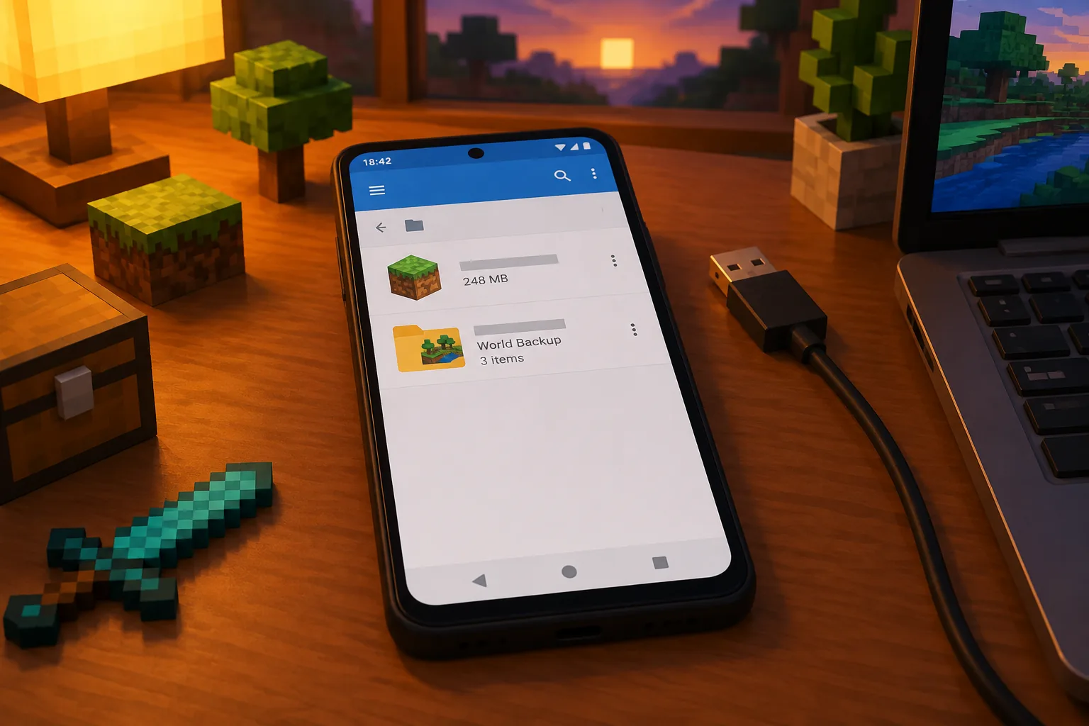 File APK Minecraft PE 26.0 trong trình quản lý file, cạnh thư mục world đã sao lưu trước khi cài