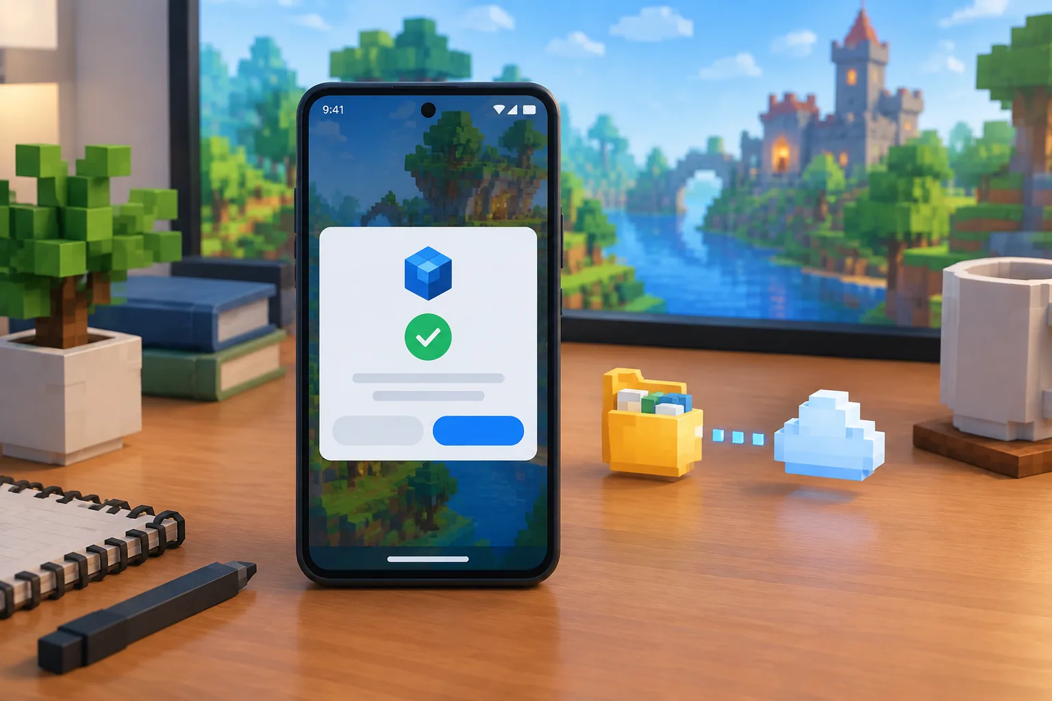 Hộp thoại cài file APK Minecraft PE 26.12 trên Android, kèm biểu tượng sao lưu world