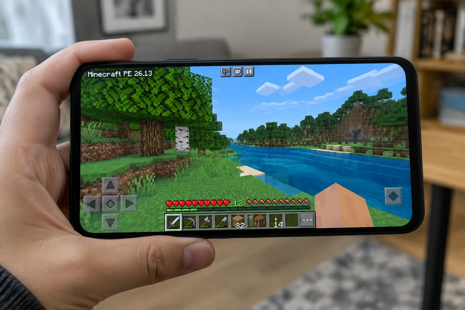 Tay cầm điện thoại Android chơi Minecraft PE 26.13 với giao diện game và khối xây dựng hiển thị trên màn hình