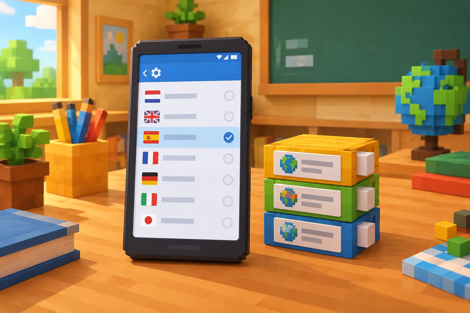 Cài đặt ngôn ngữ trên điện thoại Android cạnh gói dịch tiếng Việt cộng đồng cho Minecraft PE 26.3