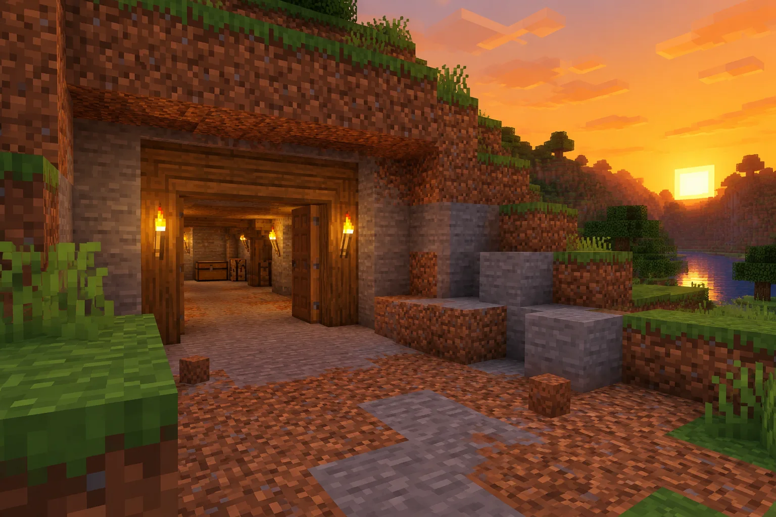 Nhân vật Minecraft PE đang đào phòng trú ẩn dưới đất với ánh sáng đèn trước khi trời hoàn toàn tối