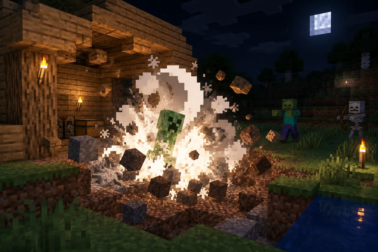 Skeleton và Creeper tập kích nhà gỗ vào đêm đầu tiên trong Minecraft PE trên điện thoại