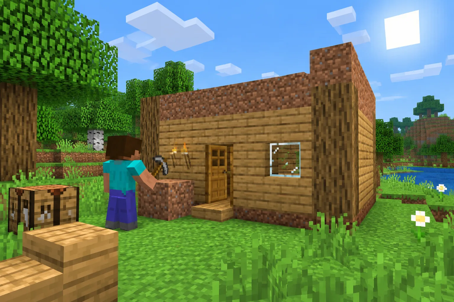 Nhân vật Minecraft PE xây dựng ngôi nhà đầu tiên từ khối gỗ trên điện thoại Android