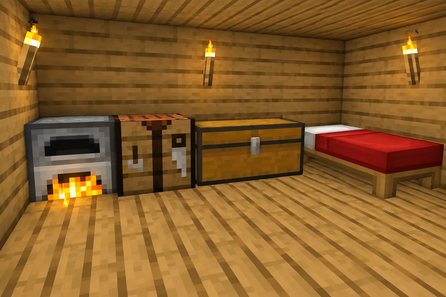 Bộ trang bị thiết yếu bên trong nhà Minecraft PE: bàn craft, lò nướng, giường, tủ chứa đồ