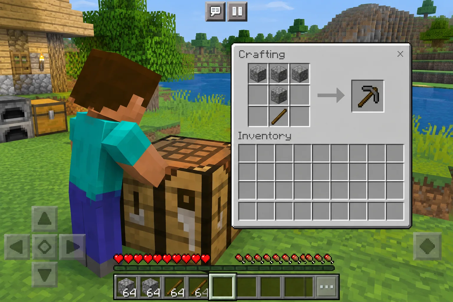 Bàn chế tạo dụng cụ Minecraft PE hiển thị công thức nguyên liệu với kết quả tạo ra