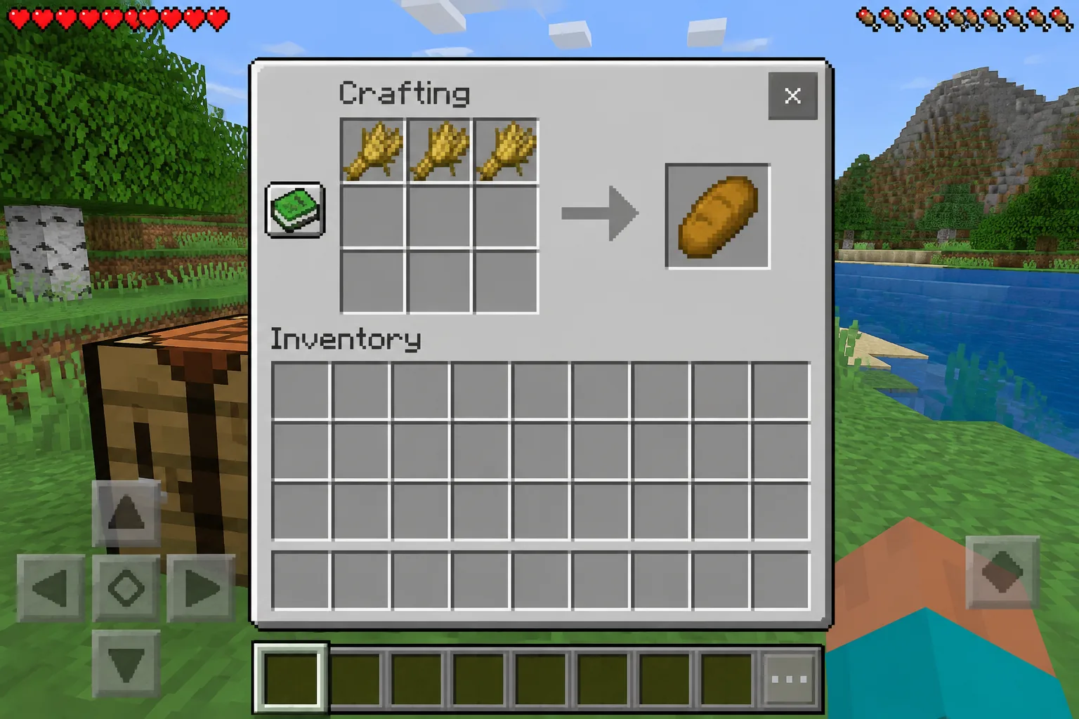 Người chơi chế bánh mì từ lúa mạch ở bàn crafting trong Minecraft PE