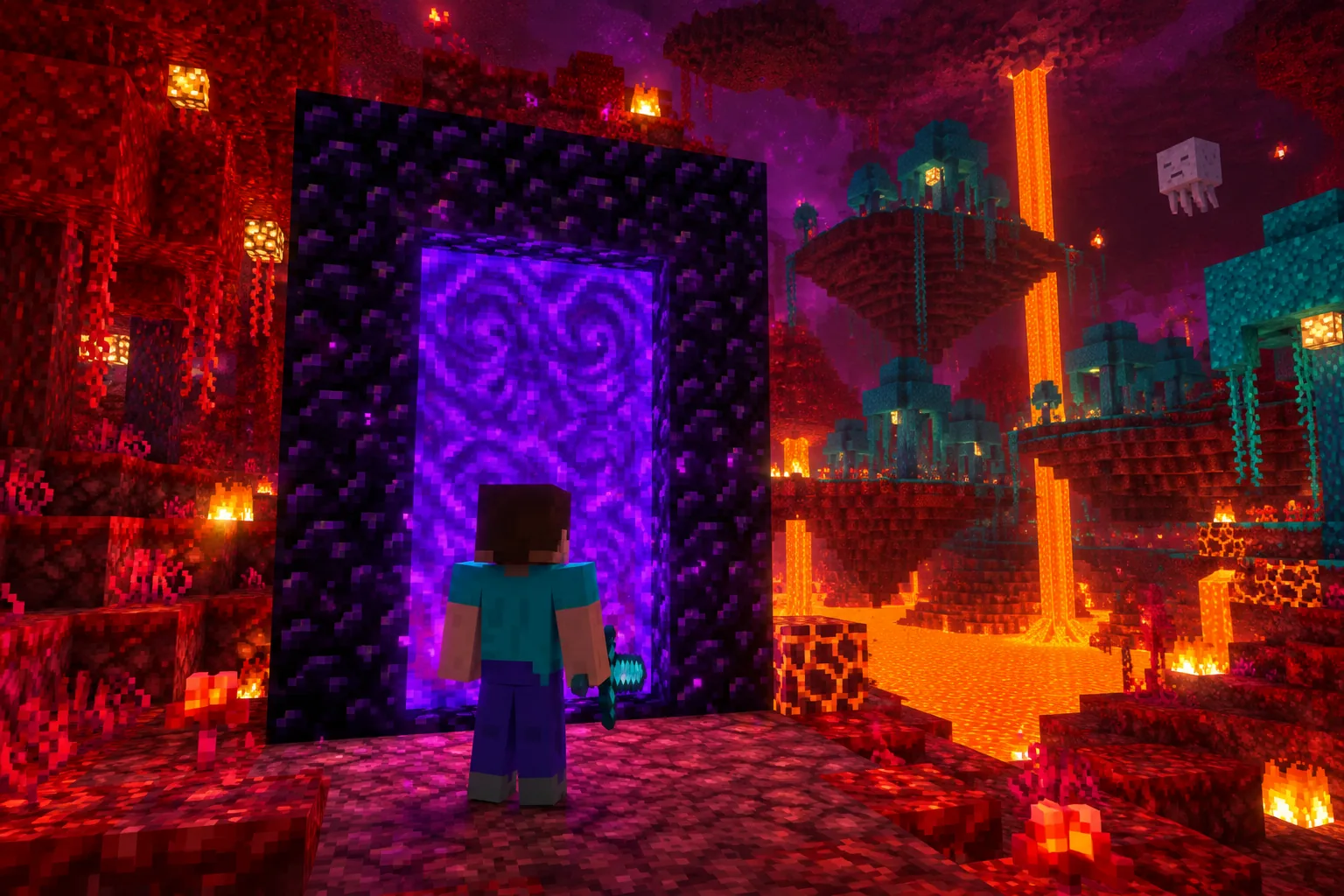 Cảnh Nether trong Minecraft PE: hồ lava rộng và địa hình độc đáo