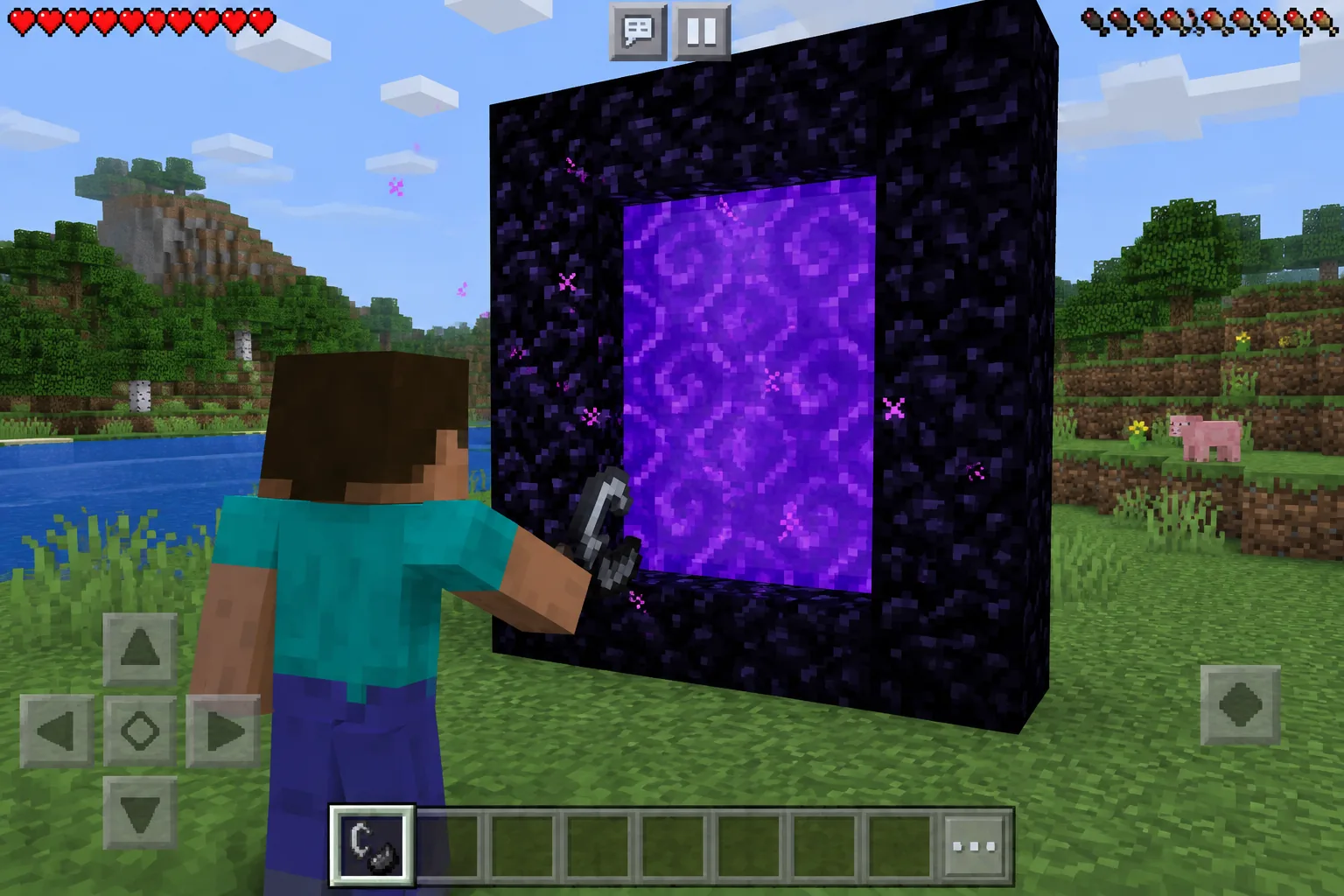 Cổng Nether kích hoạt trong Minecraft PE, khung obsidian phát lửa tím