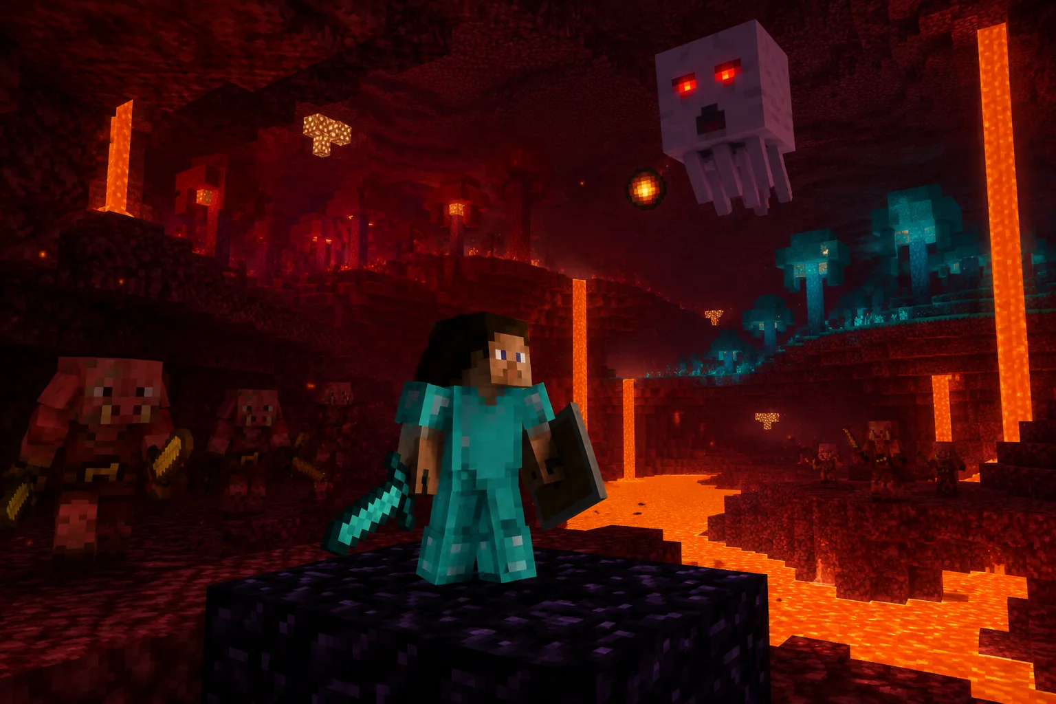 Cảnh Nether Minecraft PE: người chơi bị Ghast tấn công giữa Magma Blocks và Lava pool