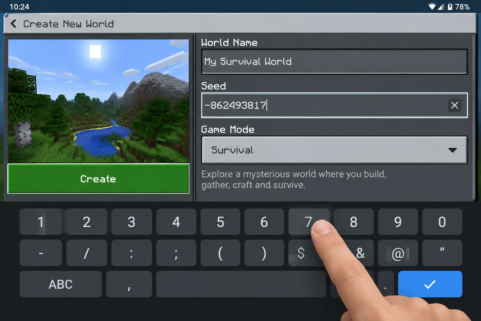 Nhập seed trên Minecraft PE 1.21 từ màn hình tạo world mới trên điện thoại Android