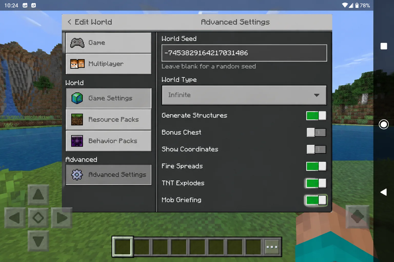 Giao diện cài đặt world Minecraft PE trên điện thoại Android, hiển thị giá trị seed của world đang chơi