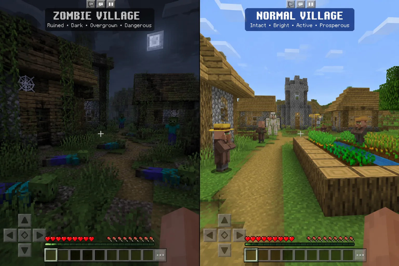 Zombie villagers đi lang thang trong làng bỏ hoang Minecraft PE ban đêm