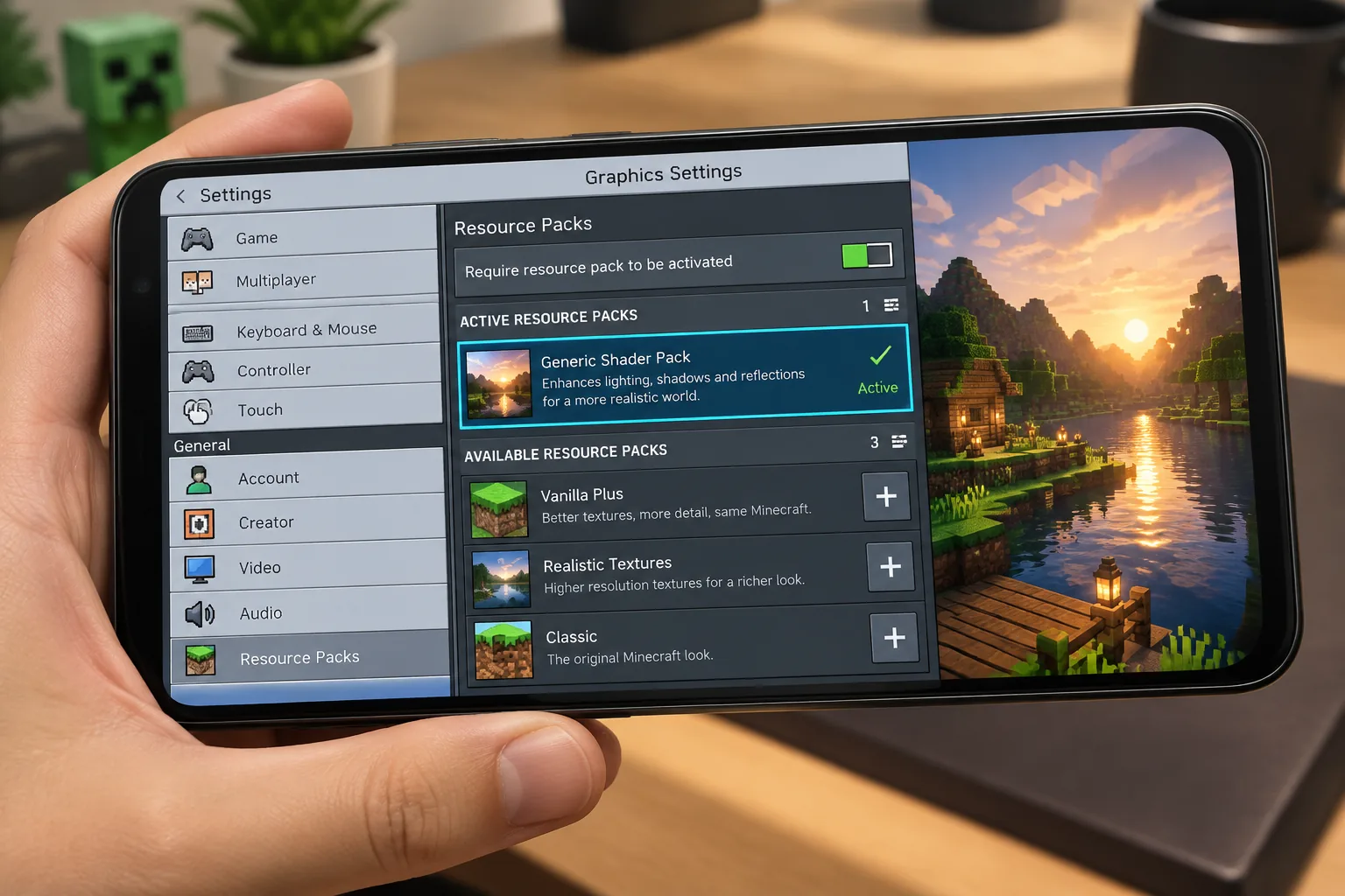Màn hình cài đặt Video Minecraft PE trên Android, danh sách Shader Packs với các shader sẵn sàng chọn