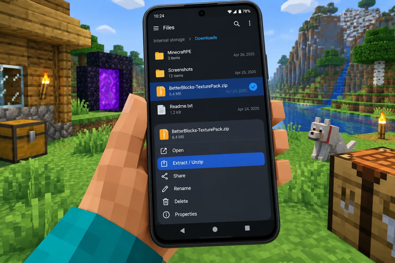 Màn hình Android chọn file texture pack để mở bằng ứng dụng Minecraft PE