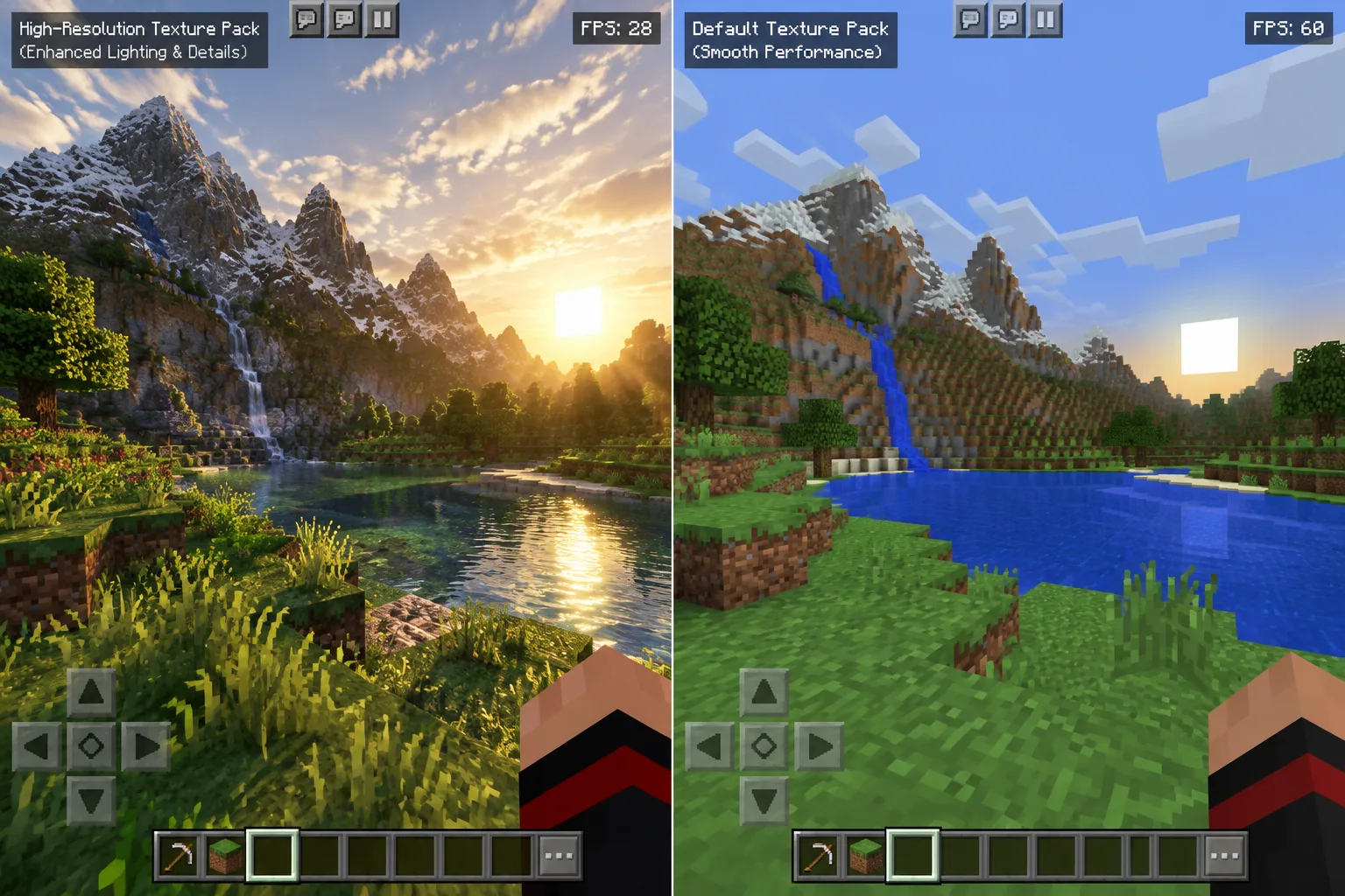Điện thoại Android chạy Minecraft PE với texture pack độ phân giải cao, màn hình hiển thị khung hình thấp do quá tải hệ thống