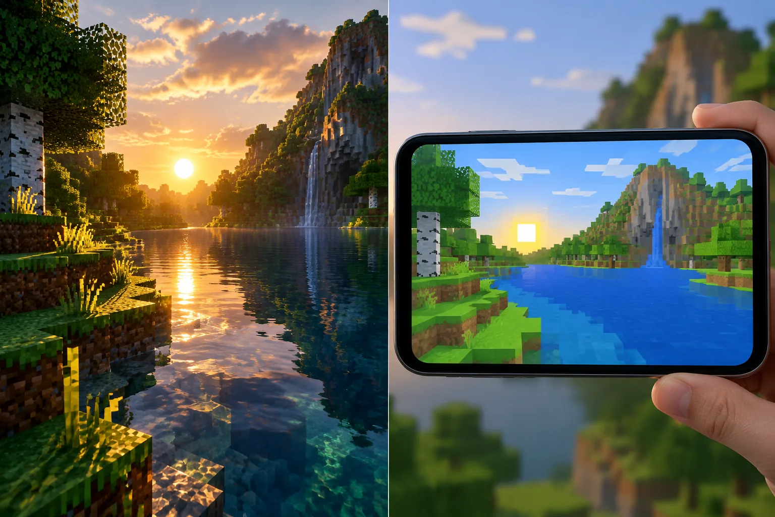 Cảnh Minecraft PE với ray tracing bật và tắt trên màn hình điện thoại Android, so sánh ánh sáng và bóng nâng cao
