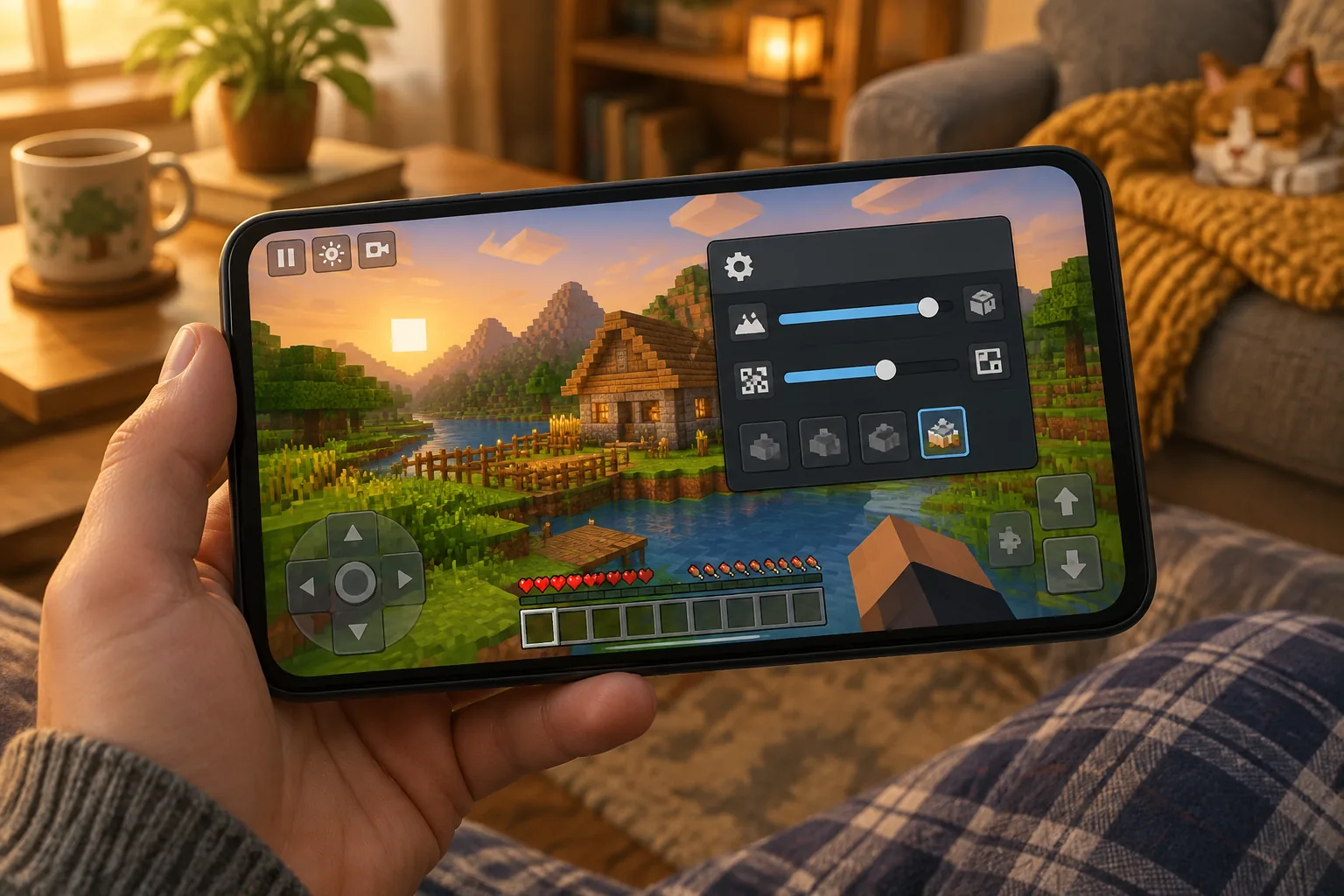 Minecraft PE trên điện thoại Android với texture pack HD, cảnh thiên nhiên sáng sủa bóng rõ