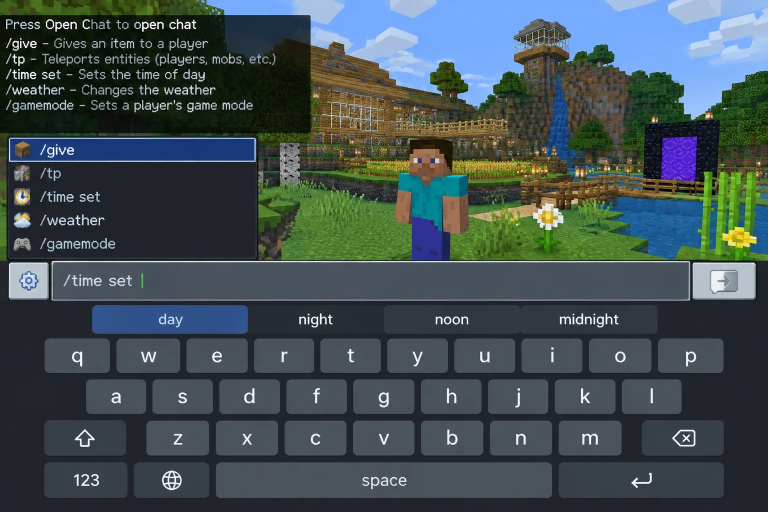 Hộp lệnh Minecraft PE trên điện thoại Android với các lệnh cơ bản /gamemode, /give, /time, /weather