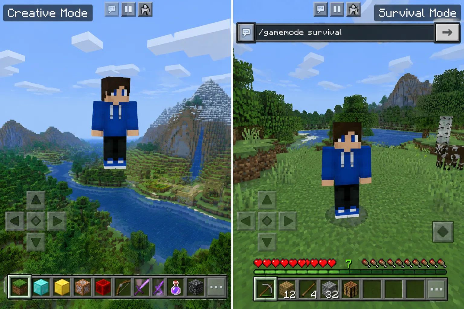 Giao diện Minecraft PE khi thực hiện lệnh /gamemode creative để chuyển sang chế độ sáng tạo