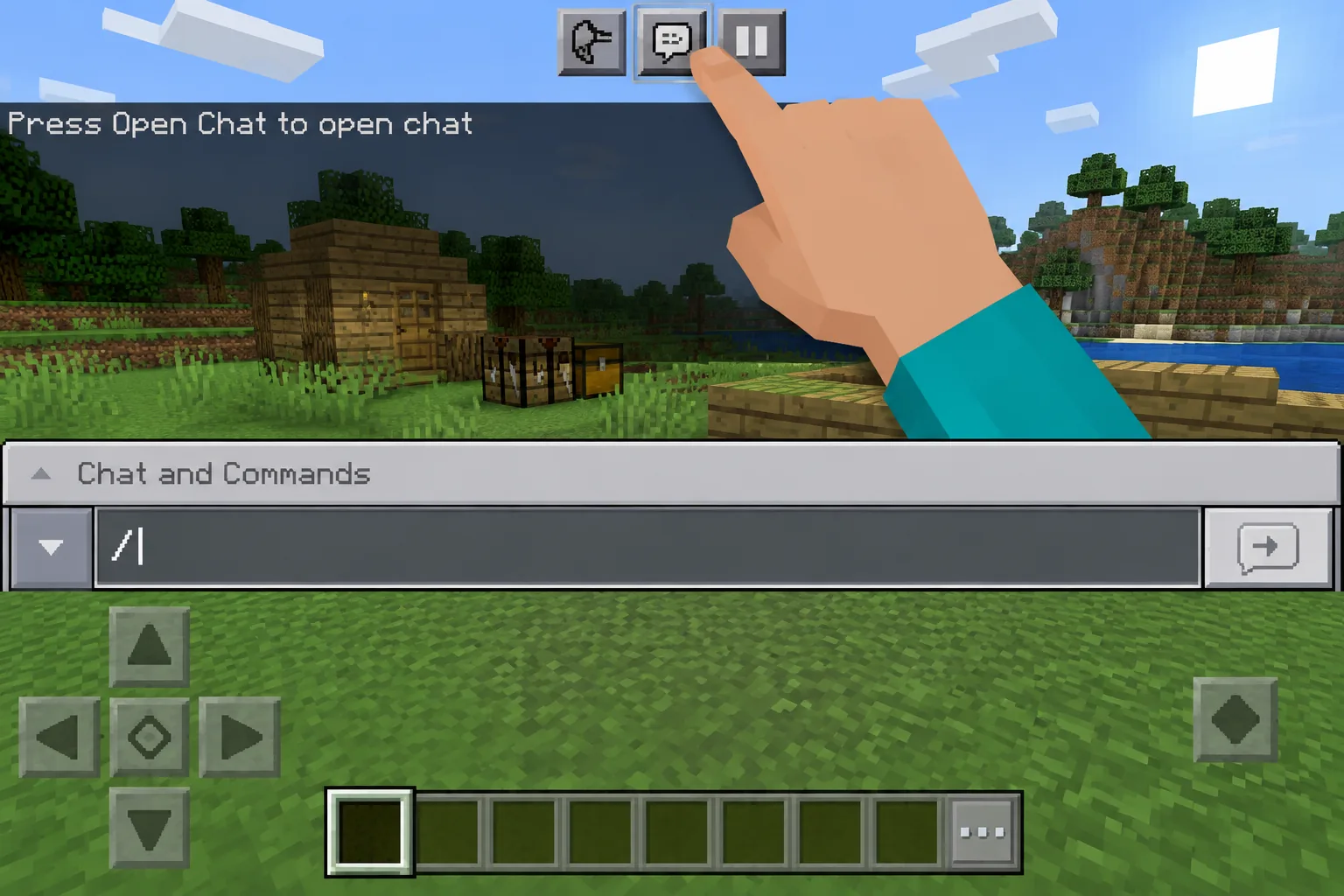 Khung gõ lệnh cheat mở sẵn trong Minecraft PE trên màn hình điện thoại Android