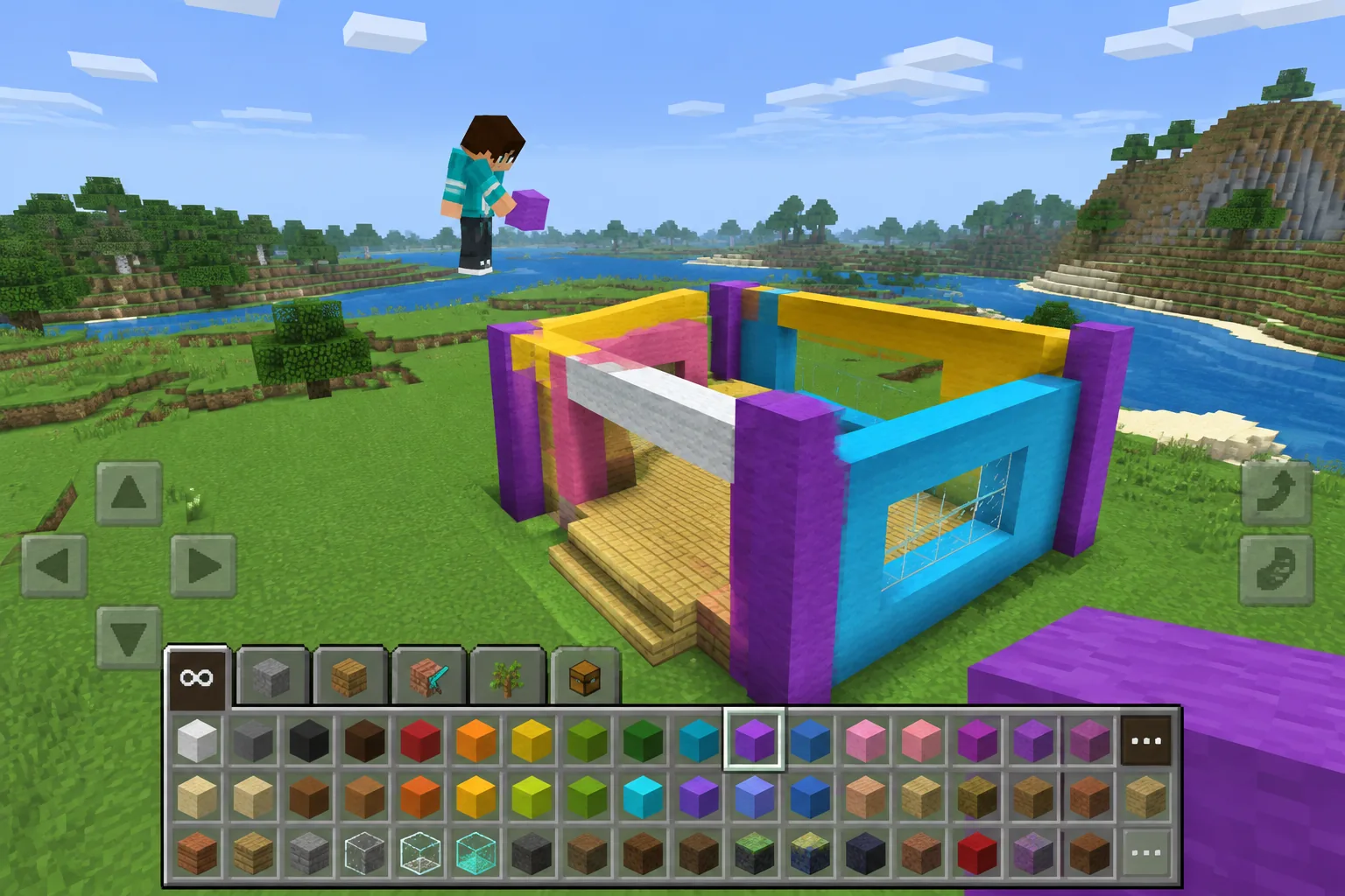 Người chơi sử dụng chế độ Creative Minecraft PE để xây dựng một ngôi nhà, kho khối sẵn sàng dùng liên tục