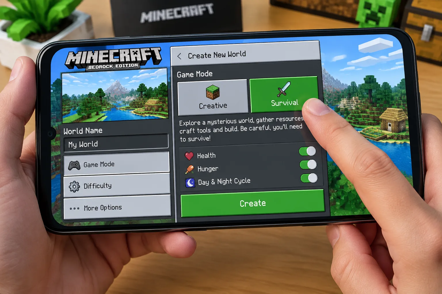 Màn hình tùy chọn thế giới Minecraft PE trên điện thoại Android, hiển thị nút chọn chế độ Creative hoặc Survival