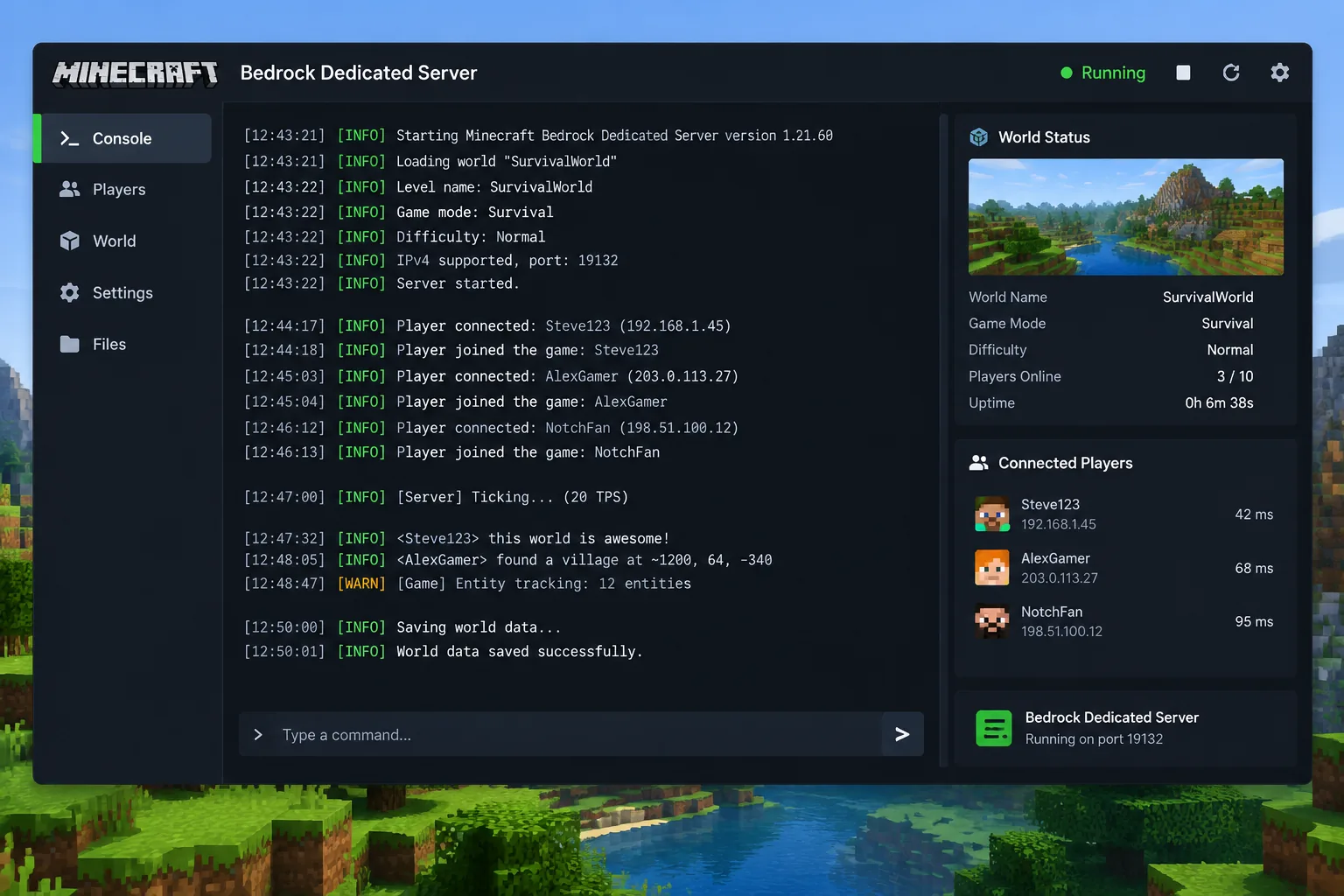 Máy tính chạy Bedrock Dedicated Server với console log, điện thoại Android kết nối chơi Minecraft PE