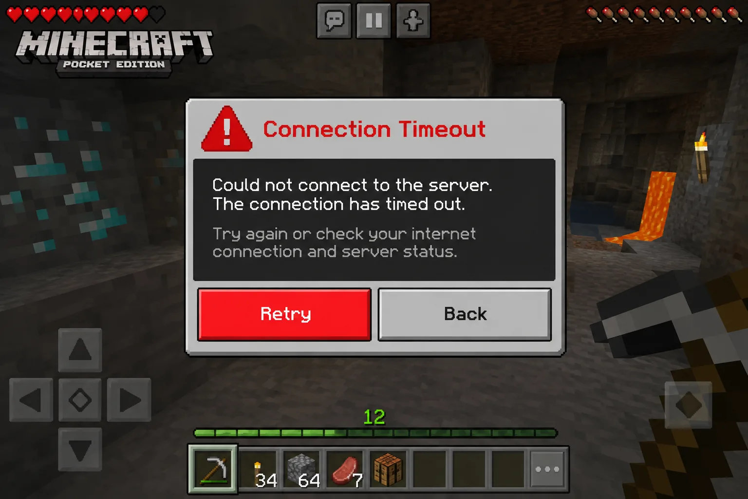 Thông báo lỗi kết nối server Minecraft PE trên màn hình điện thoại Android