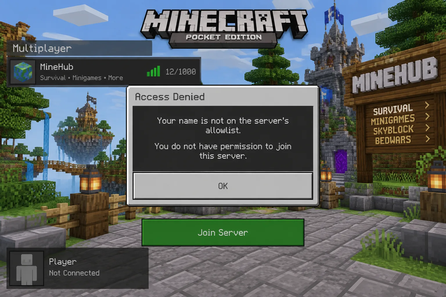 Admin server Minecraft PE thêm username vào allowlist, người chơi có thể tham gia
