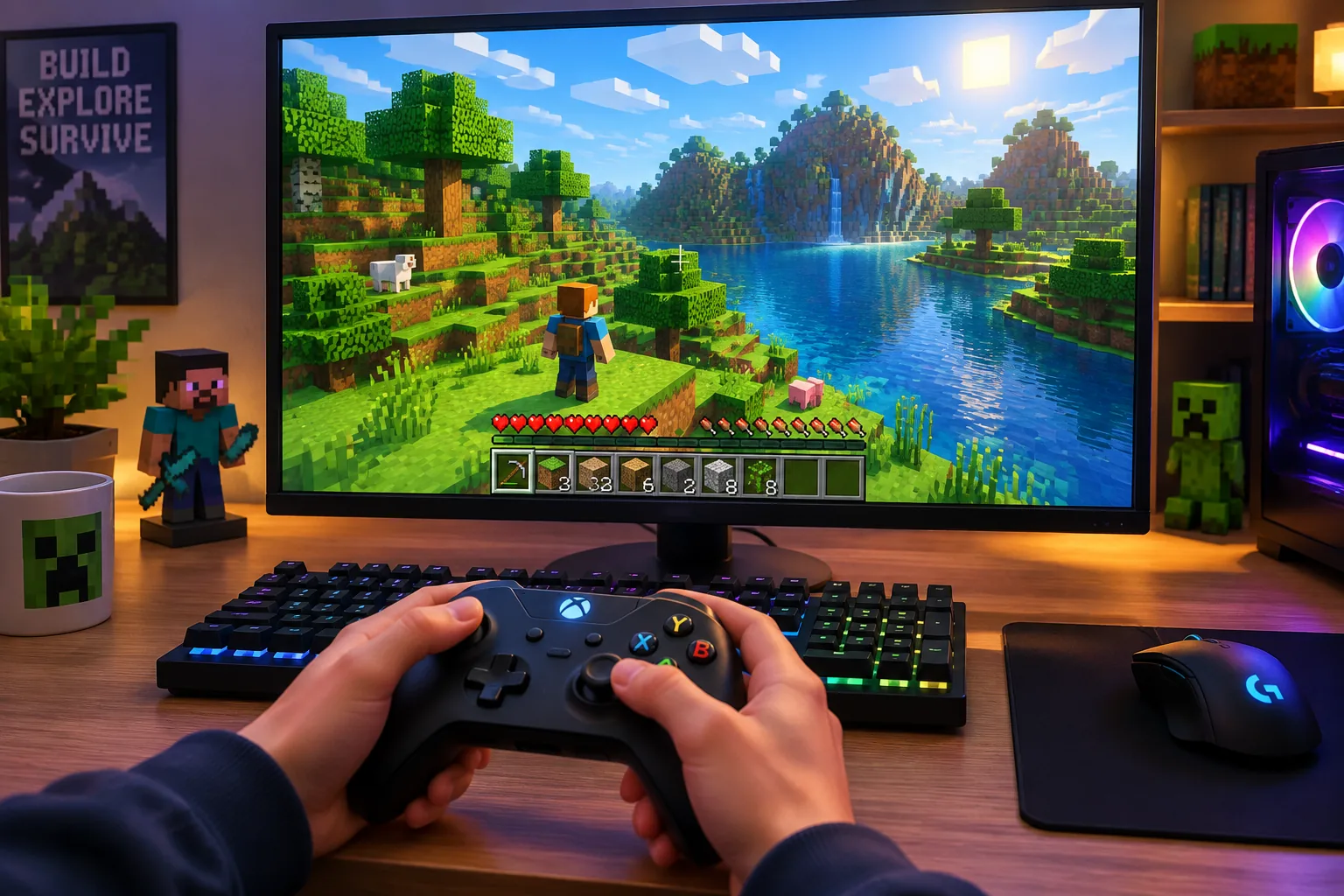 Người chơi sử dụng chuột, bàn phím và tay cầm điều khiển Minecraft PE trên máy tính qua giả lập Android